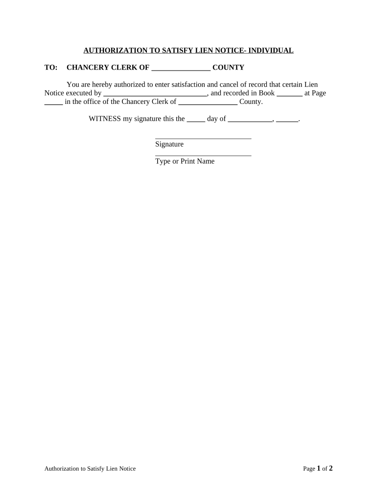 Authorization to Satisfy Lien Notice - Individual - Mississippi Preview on Page 1