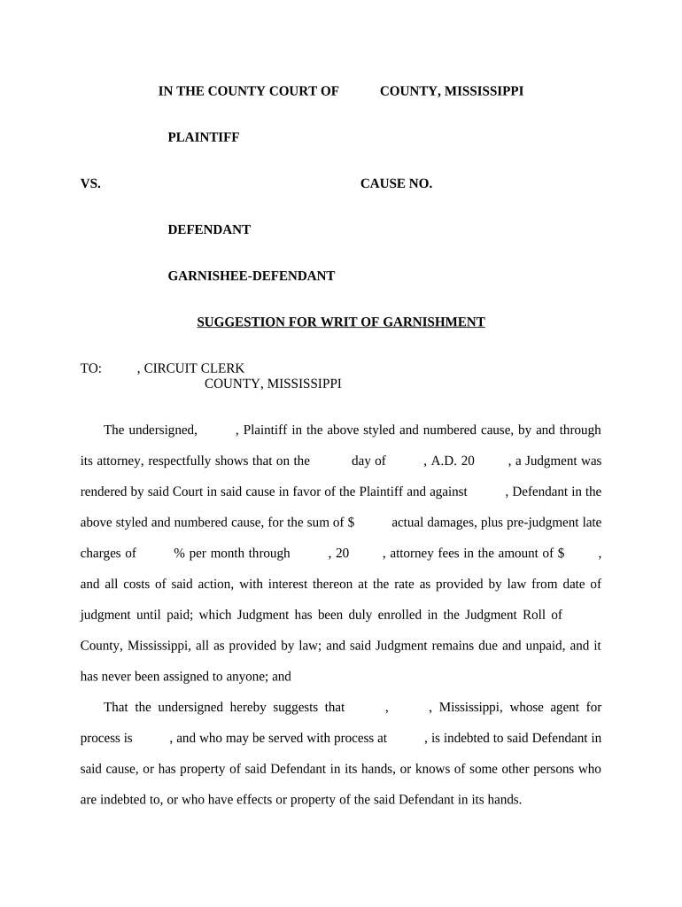 sample answer to writ of garnishment mississippi Preview on Page 1.