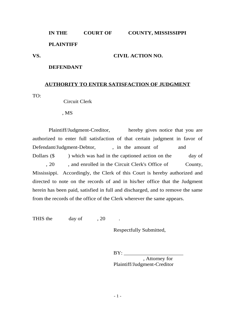 Authority to Enter Satisfaction of Judgment - Mississippi Preview on Page 1