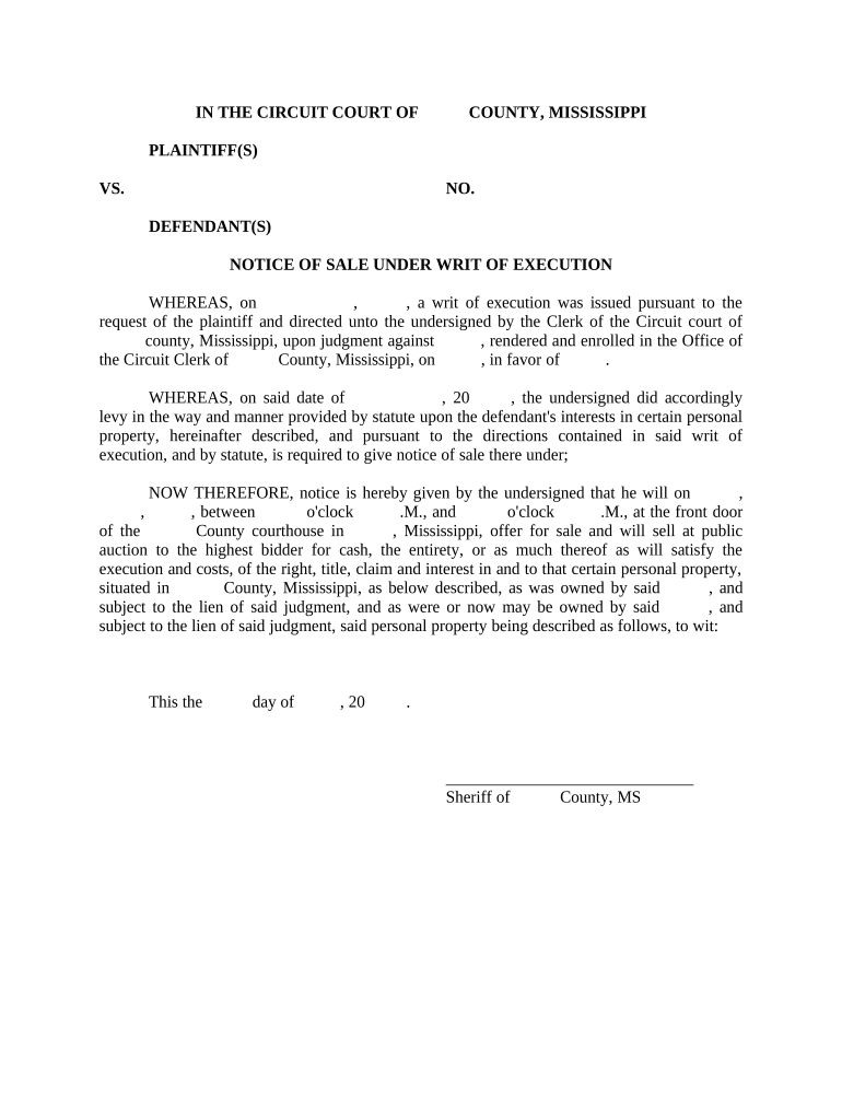 Notice of Sale Under Writ of Execution - Mississippi Preview on Page 1