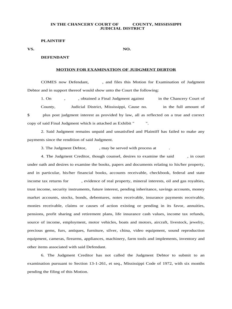 Motion to Examine Judgment Debtor - Mississippi Preview on Page 1