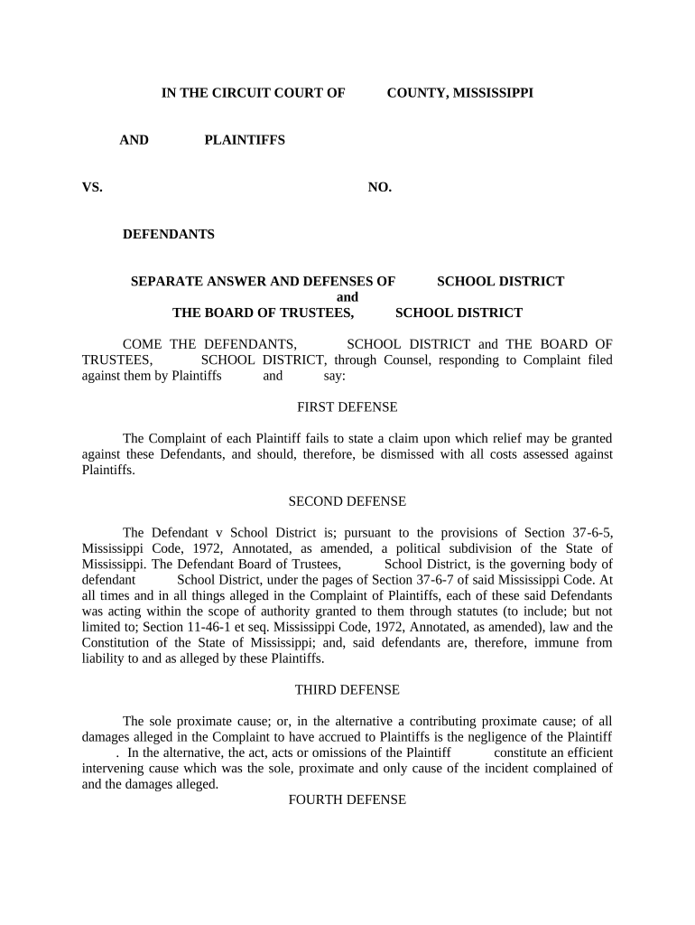 Separate Answer and Defenses of School District - Mississippi Preview on Page 1