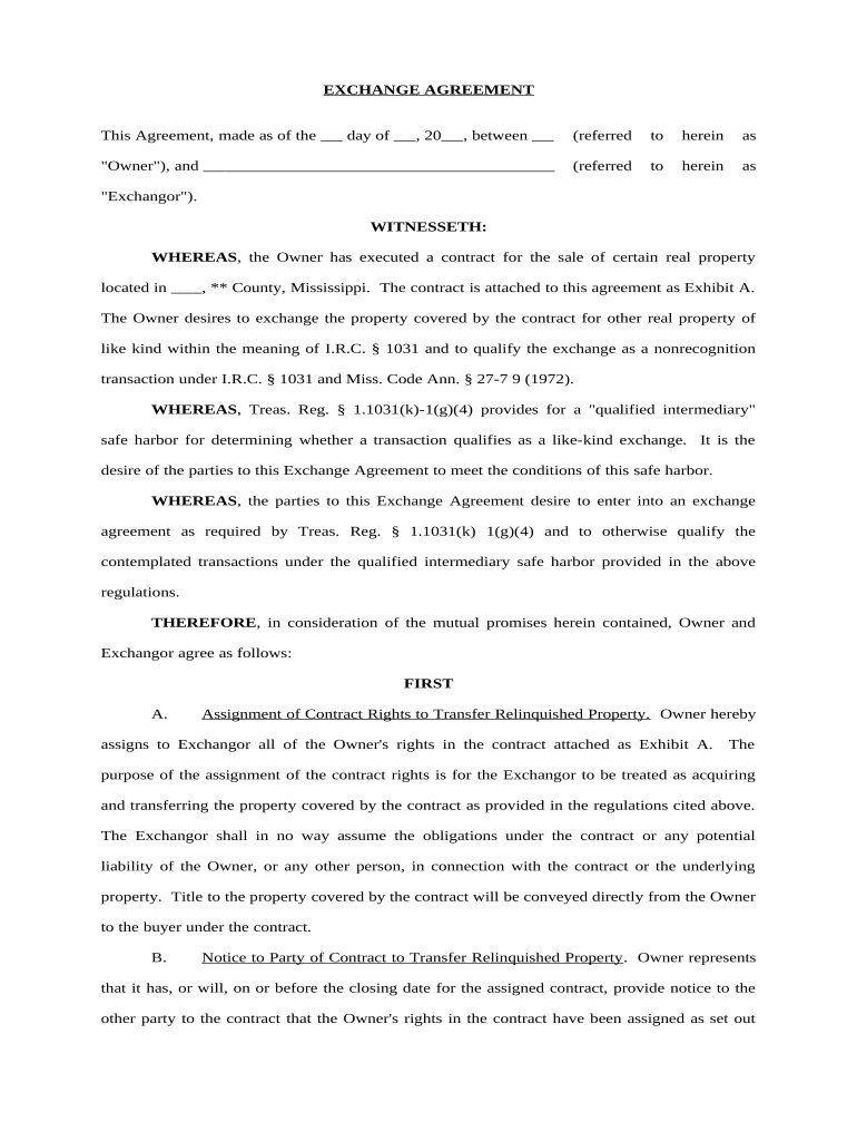 Tax Free Exchange Agreement - Mississippi Preview on Page 1