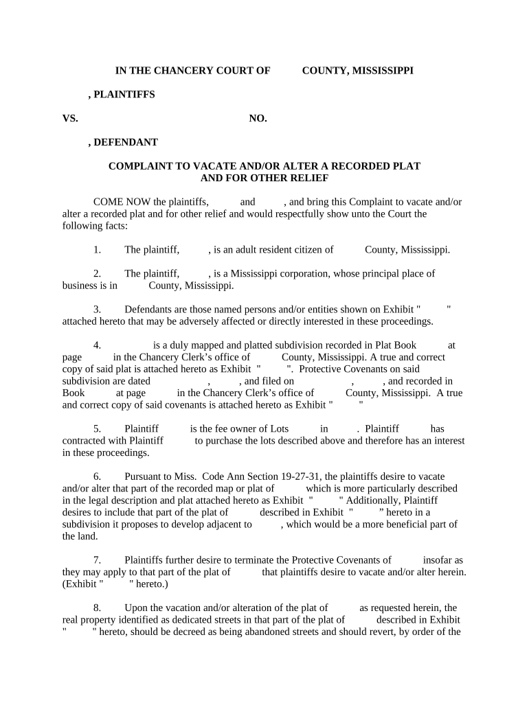 Complaint to Vacate and / or Alter a Recorded Plat and for other Relief - Mississippi Preview on Page 1