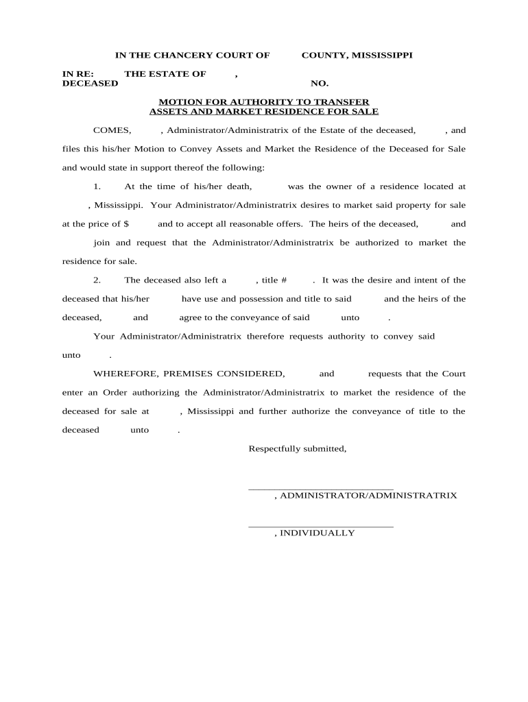 Motion for Authority to Transfer Assets and Market Residence for Sale - Mississippi Preview on Page 1.