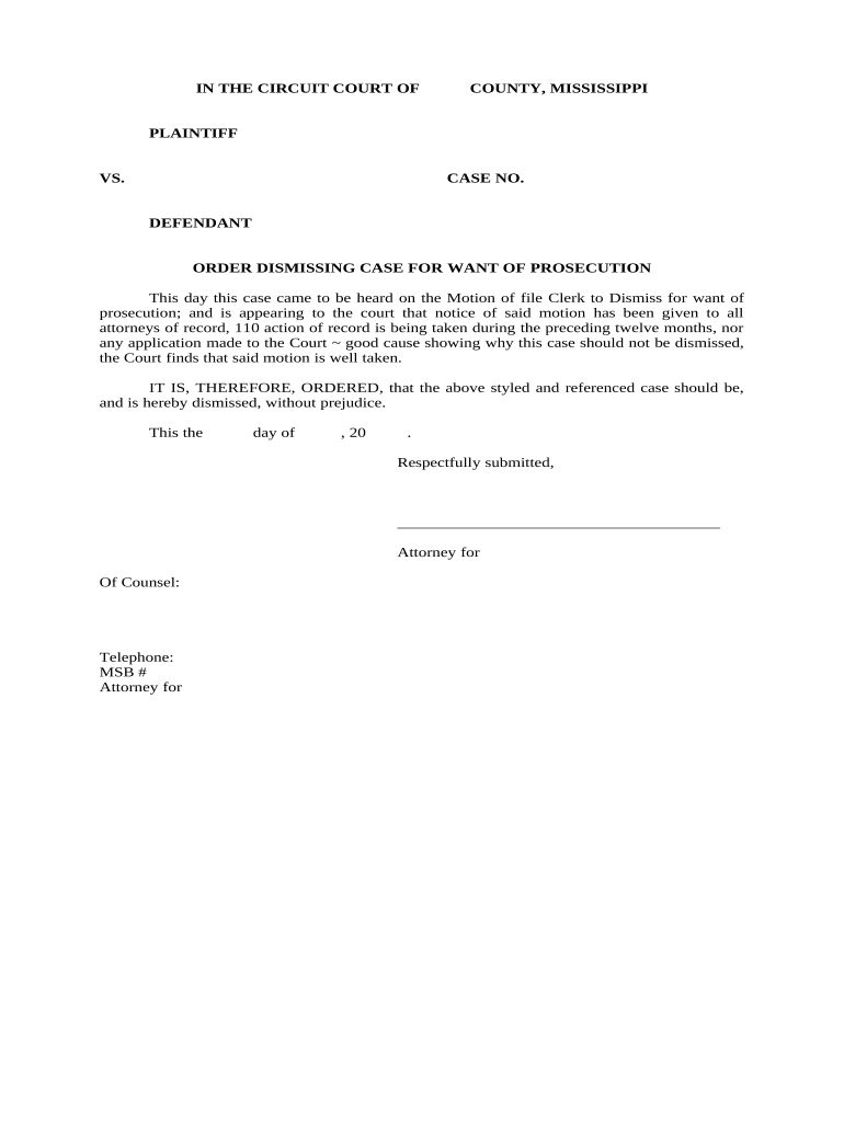 Order Dismissing Case for Want of Prosecution - Mississippi Preview on Page 1.