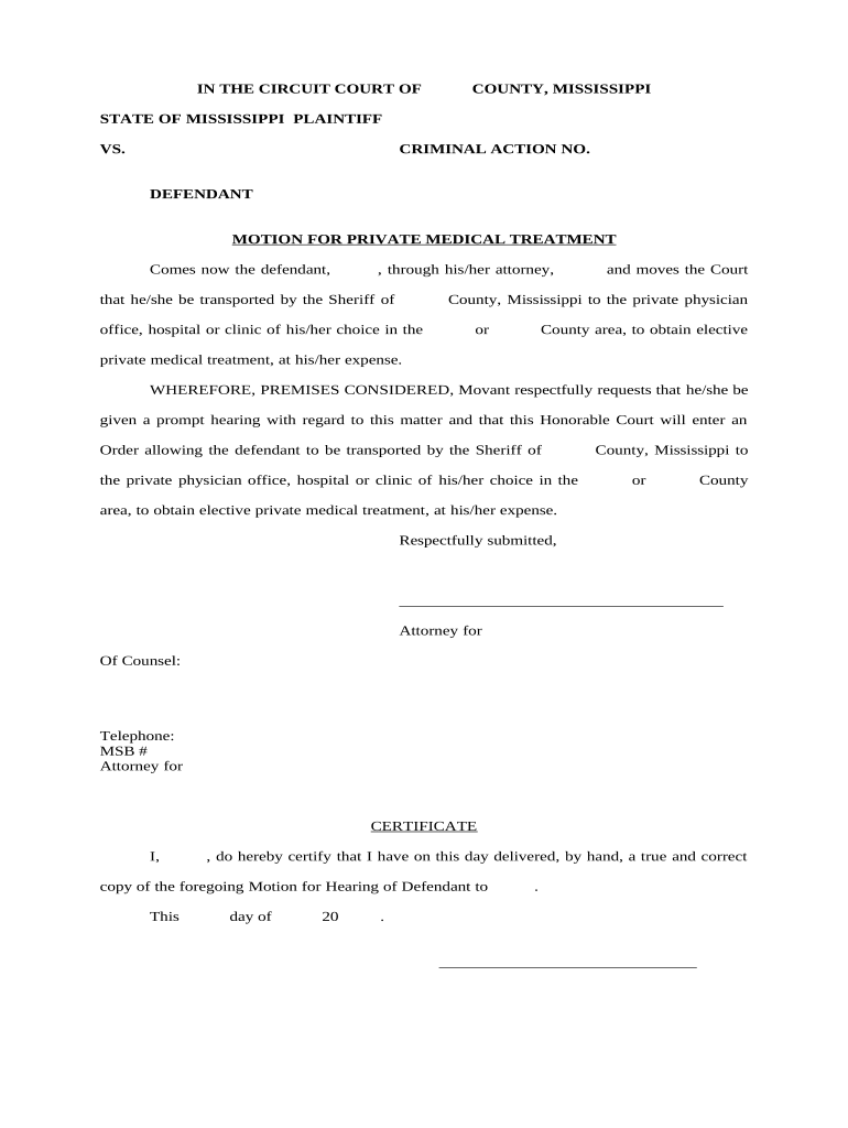 Motion for Private Medical Treatment - Mississippi Preview on Page 1