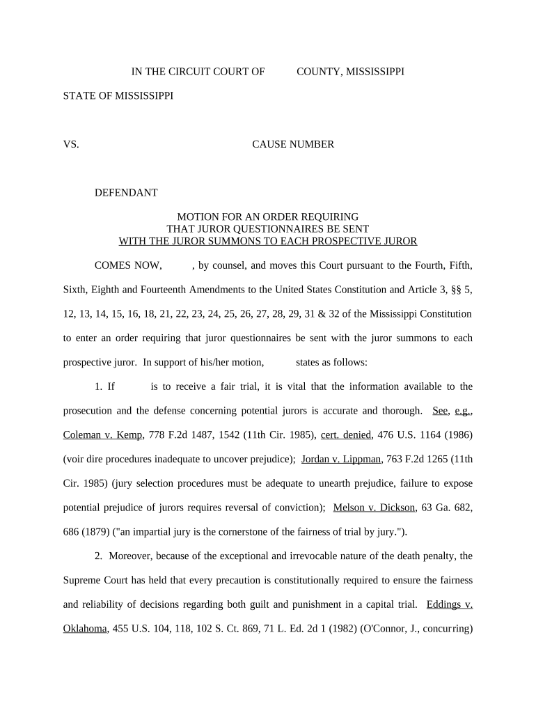 Motion for an Order Requiring that Juror Questionnaires be Sent With the Juror Summons to Each Prospective Juror - Mississippi Preview on Page 1.