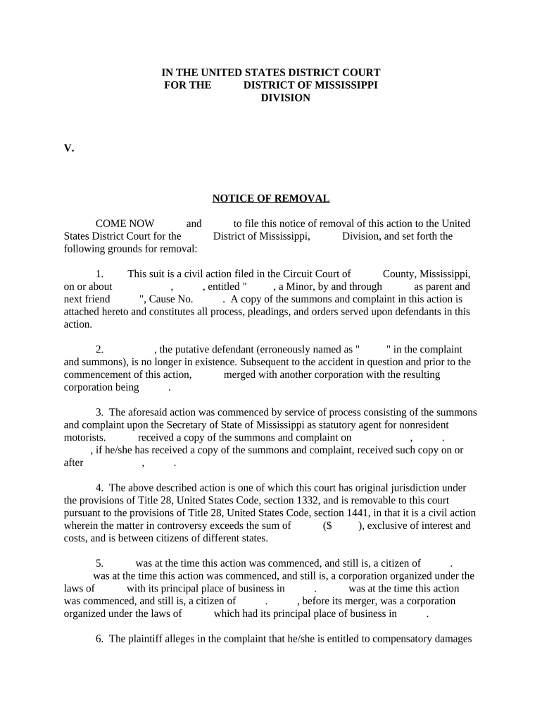 Notice of Removal (defendant corporation no longer in existence due to merger) - Mississippi Preview on Page 1