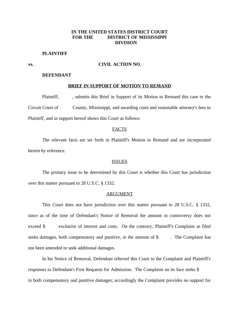 Brief in Support of Motion to Remand - Mississippi Preview on Page 1