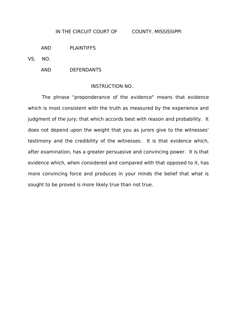 Jury Instruction - Preponderance of Evidence Defined - Mississippi Preview on Page 1