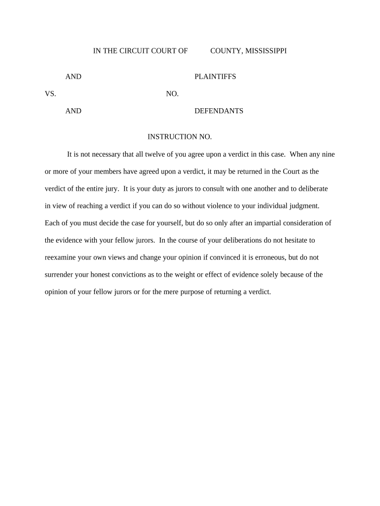 Jury Instruction - Courts Instruction - 9 Member Verdict - Mississippi Preview on Page 1.