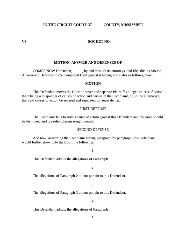 Motion, Answer and Defenses - Mississippi Preview on Page 1