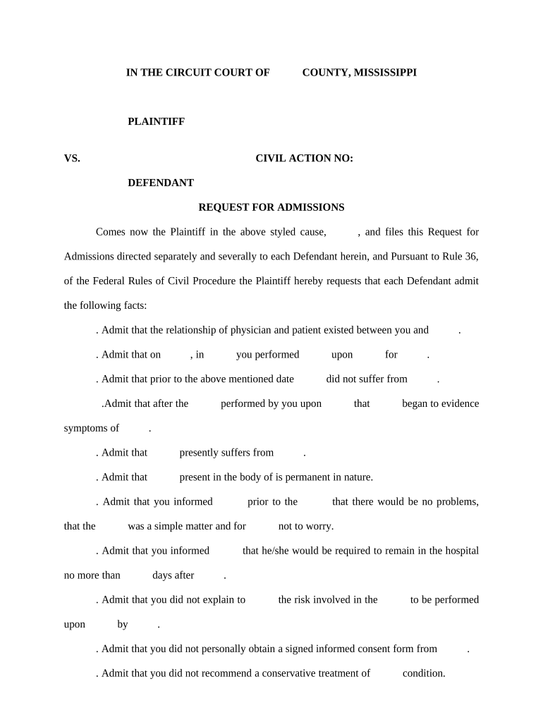 Request for Admissions - Medical Malpractice - Mississippi Preview on Page 1