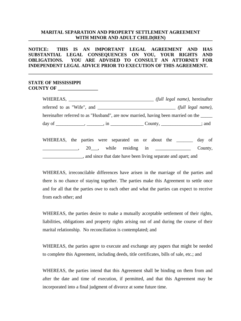 Separation and Property Settlement Agreement - Minor Children - Mississippi Preview on Page 1