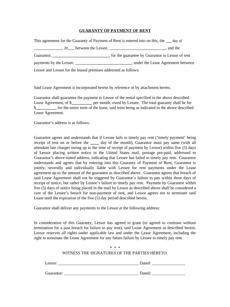 Guaranty or Guarantee of Payment of Rent - Mississippi Preview on Page 1