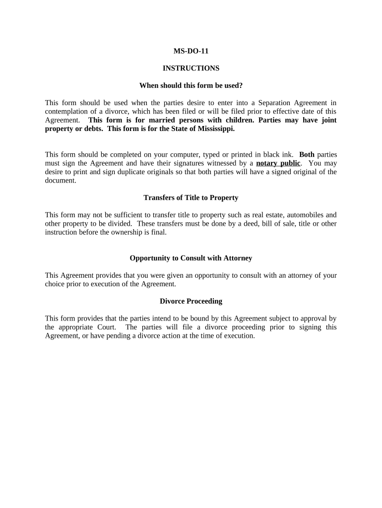 Marital Domestic Separation and Property Settlement Agreement Minor Children Parties May have Joint Property or Debts where Divorce Action Filed - Mississippi Preview on Page 1