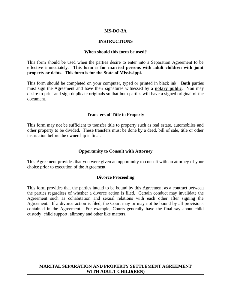 Marital Domestic Separation and Property Settlement Agreement Adult Children Parties May have Joint Property or Debts effective Immediately - Mississippi Preview on Page 1