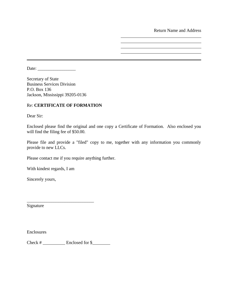 Sample Cover Letter for Filing of LLC Articles or Certificate with Secretary of State - Mississippi Preview on Page 1