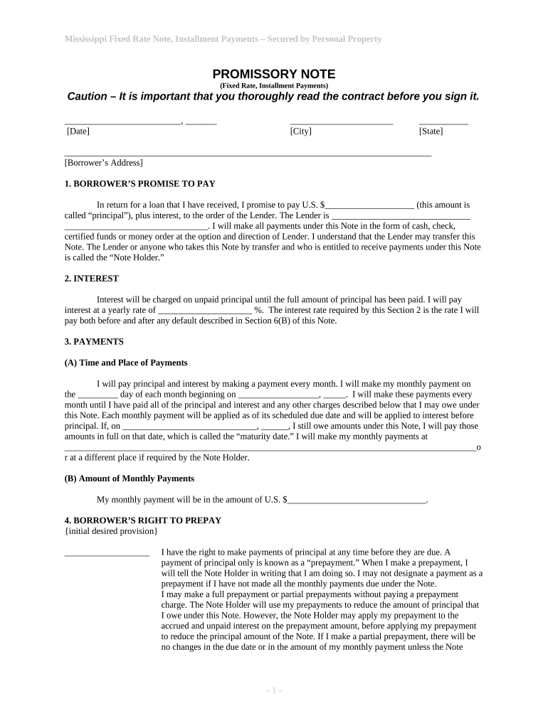 Mississippi Installments Fixed Rate Promissory Note Secured by Personal Property - Mississippi Preview on Page 1