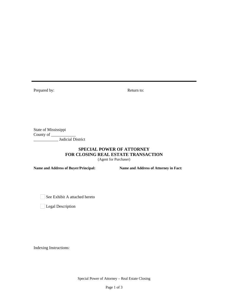 Special or Limited Power of Attorney for Real Estate Purchase Transaction by Purchaser - Mississippi Preview on Page 1