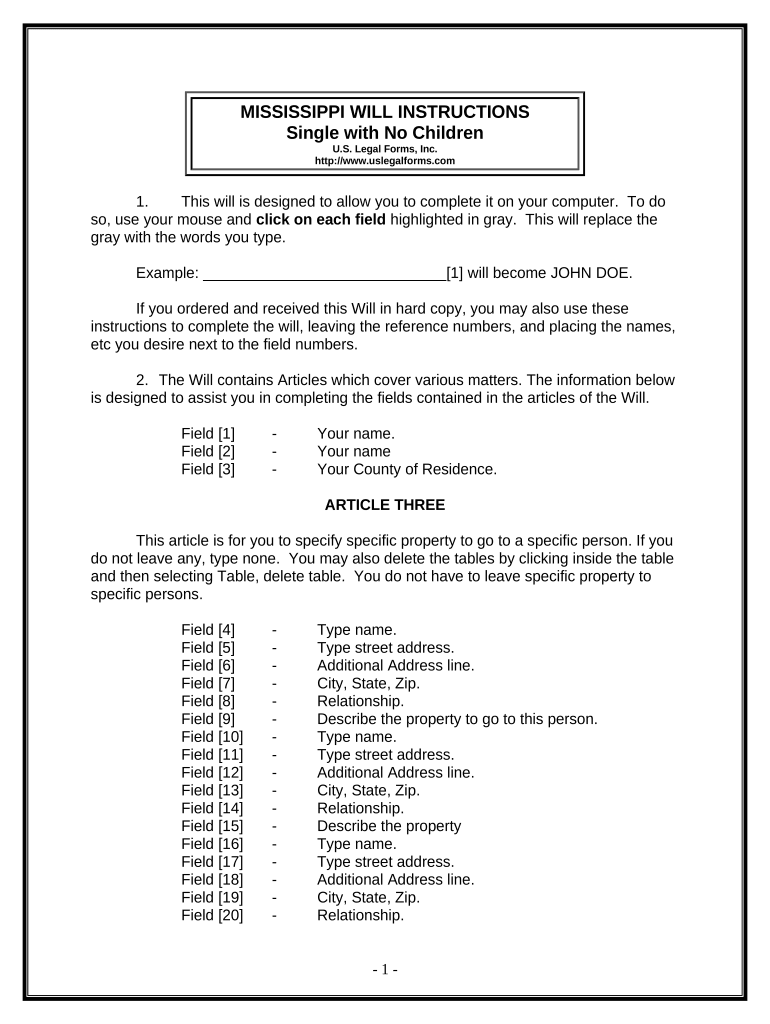 Legal Last Will and Testament Form for Single Person with No Children - Mississippi Preview on Page 1.