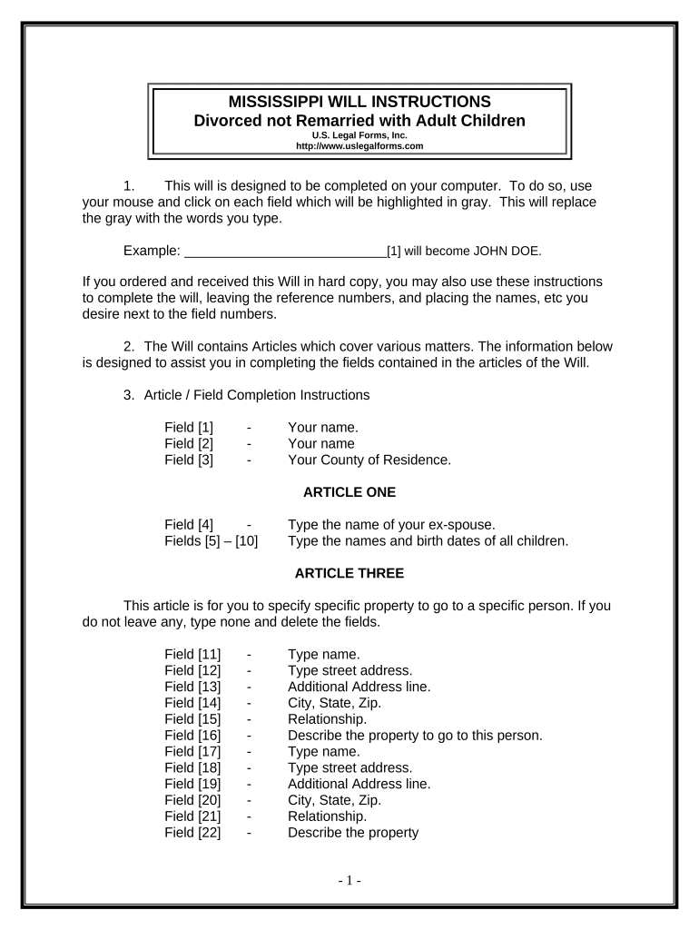 Legal Last Will and Testament Form for Divorced person not Remarried with Adult Children - Mississippi Preview on Page 1