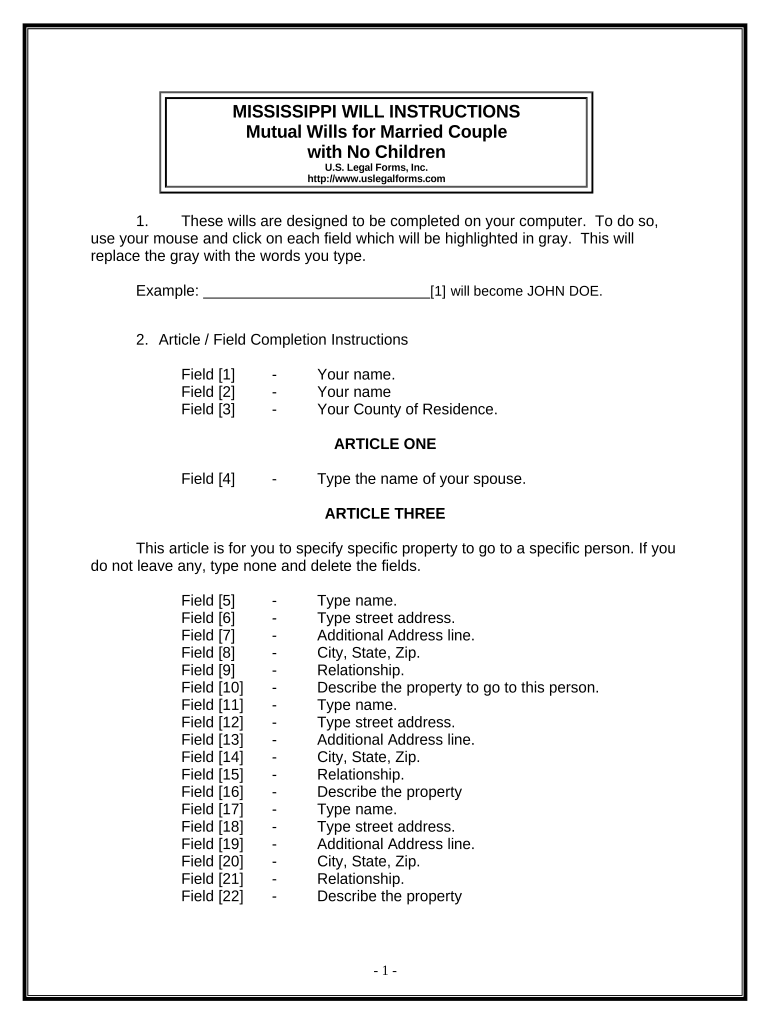 Mutual Wills package with Last Wills and Testaments for Married Couple with No Children - Mississippi Preview on Page 1.