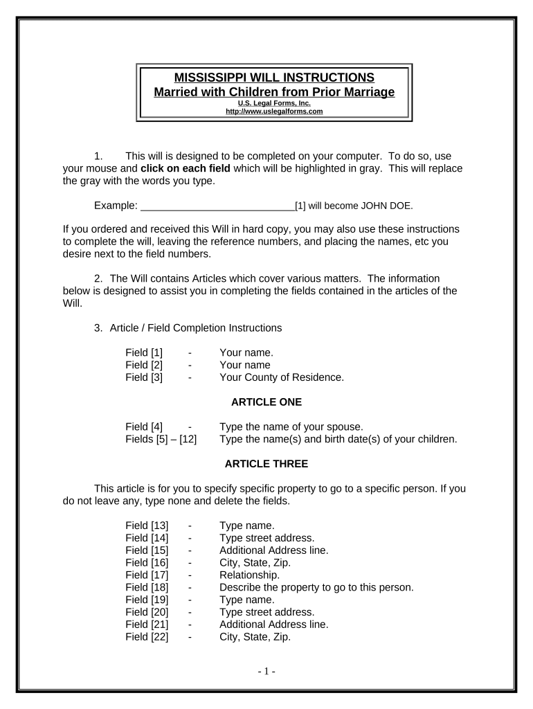 Legal Last Will and Testament Form for Married Person with Adult and Minor Children from Prior Marriage - Mississippi Preview on Page 1.