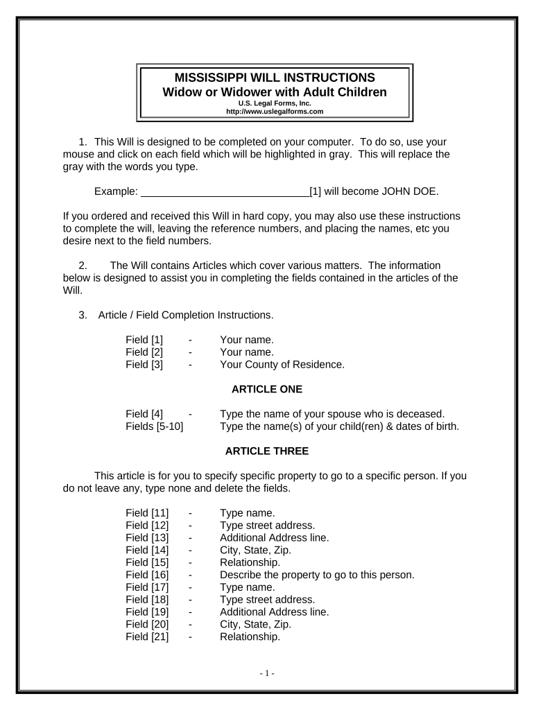 Legal Last Will and Testament Form for a Widow or Widower with Adult Children - Mississippi Preview on Page 1.