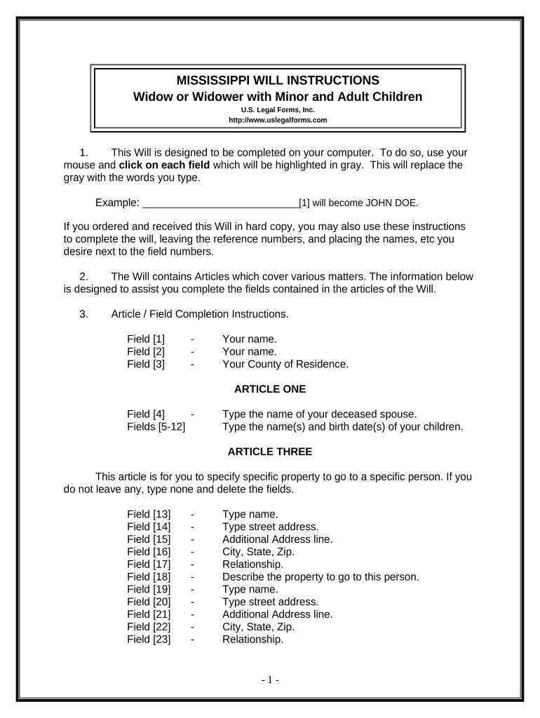 Legal Last Will and Testament Form for a Widow or Widower with Adult and Minor Children - Mississippi Preview on Page 1