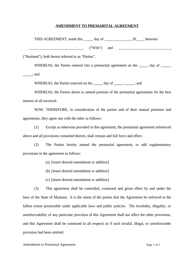 Amendment to Prenuptial or Premarital Agreement - Montana Preview on Page 1