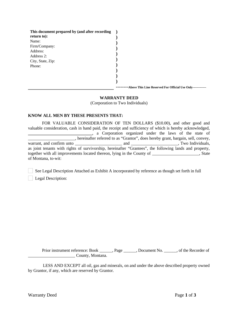 Warranty Deed from Corporation to Two Individuals - Montana Preview on Page 1.