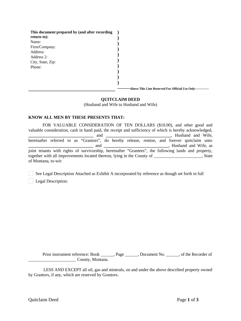 Quitclaim Deed from Husband and Wife to Husband and Wife - Montana Preview on Page 1.