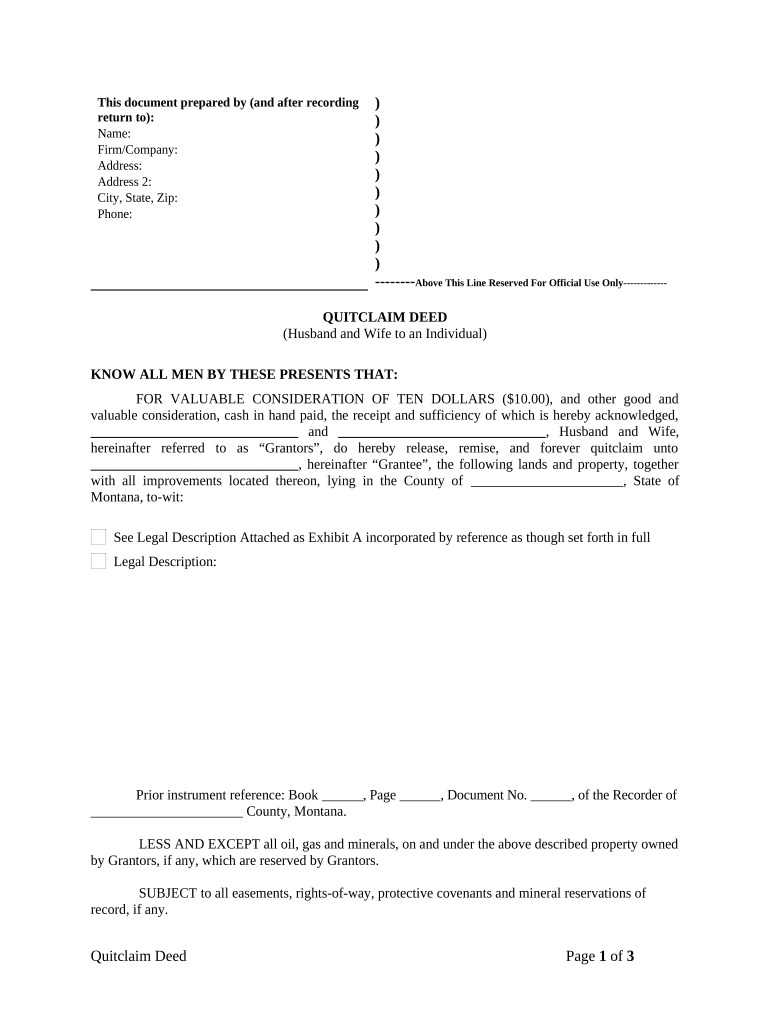 Quitclaim Deed from Husband and Wife to an Individual - Montana Preview on Page 1.