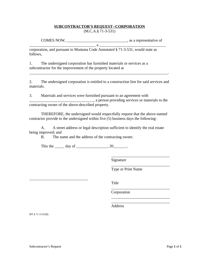 Subcontractor&#039;s Request - Corporation or LLC - Montana Preview on Page 1