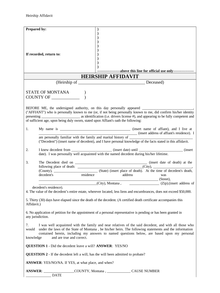 Heirship Affidavit - Descent - Montana Preview on Page 1