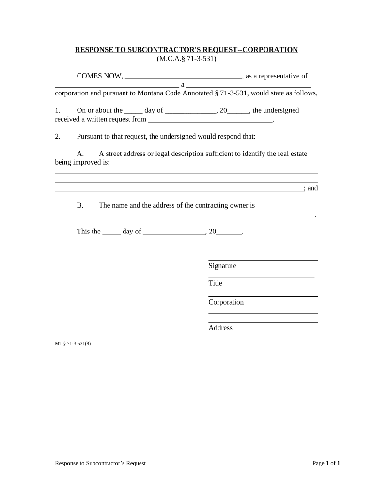 Response to Subcontractor&#039;s Request - Corporation or LLC - Montana Preview on Page 1