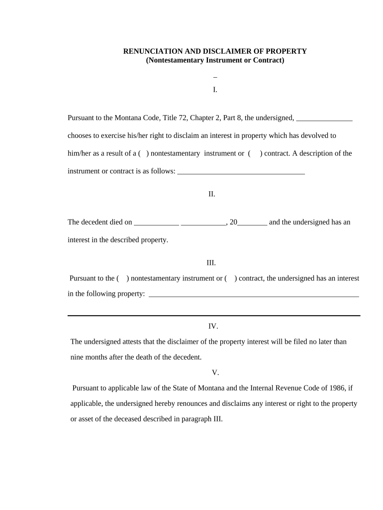 Montana Renunciation and Disclaimer of Property - Nontestamentary Instrument or Contract - Montana Preview on Page 1