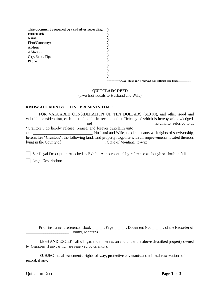 Quitclaim Deed by Two Individuals to Husband and Wife - Montana Preview on Page 1