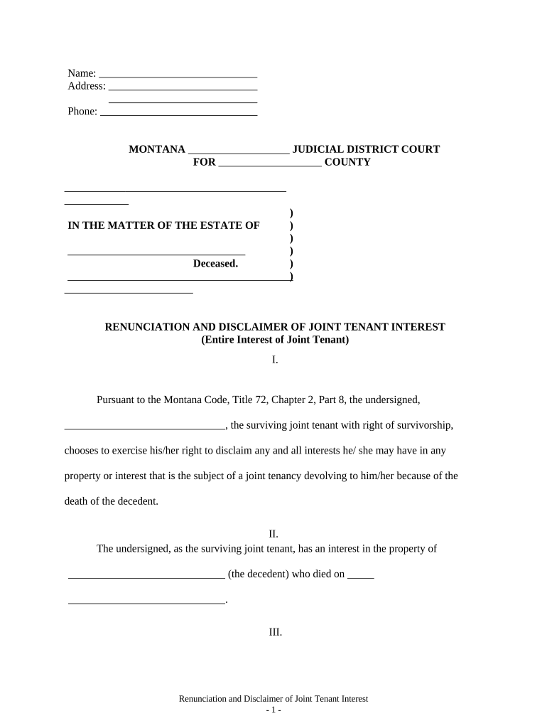 Montana Renunciation and Disclaimer of Joint Tenant or Tenancy Interest - Montana Preview on Page 1