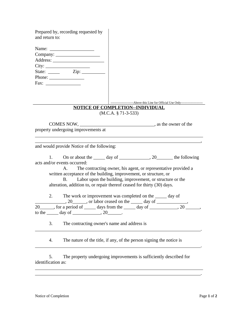 Notice of Completion - Individual - Montana Preview on Page 1.