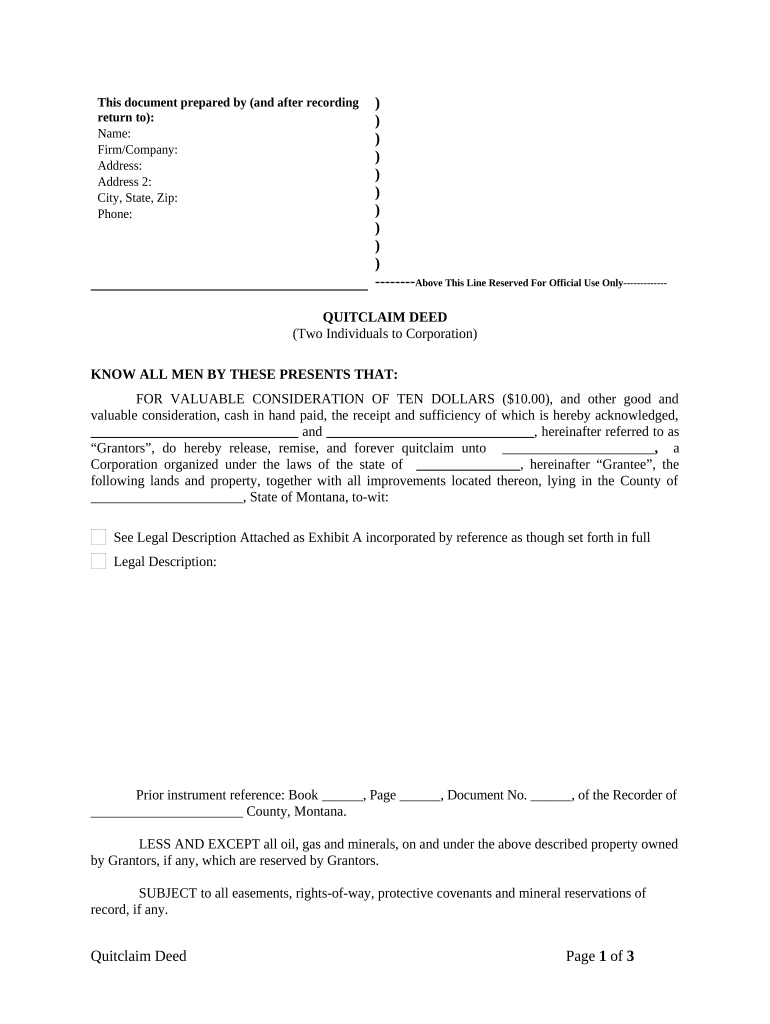 Quitclaim Deed by Two Individuals to Corporation - Montana Preview on Page 1