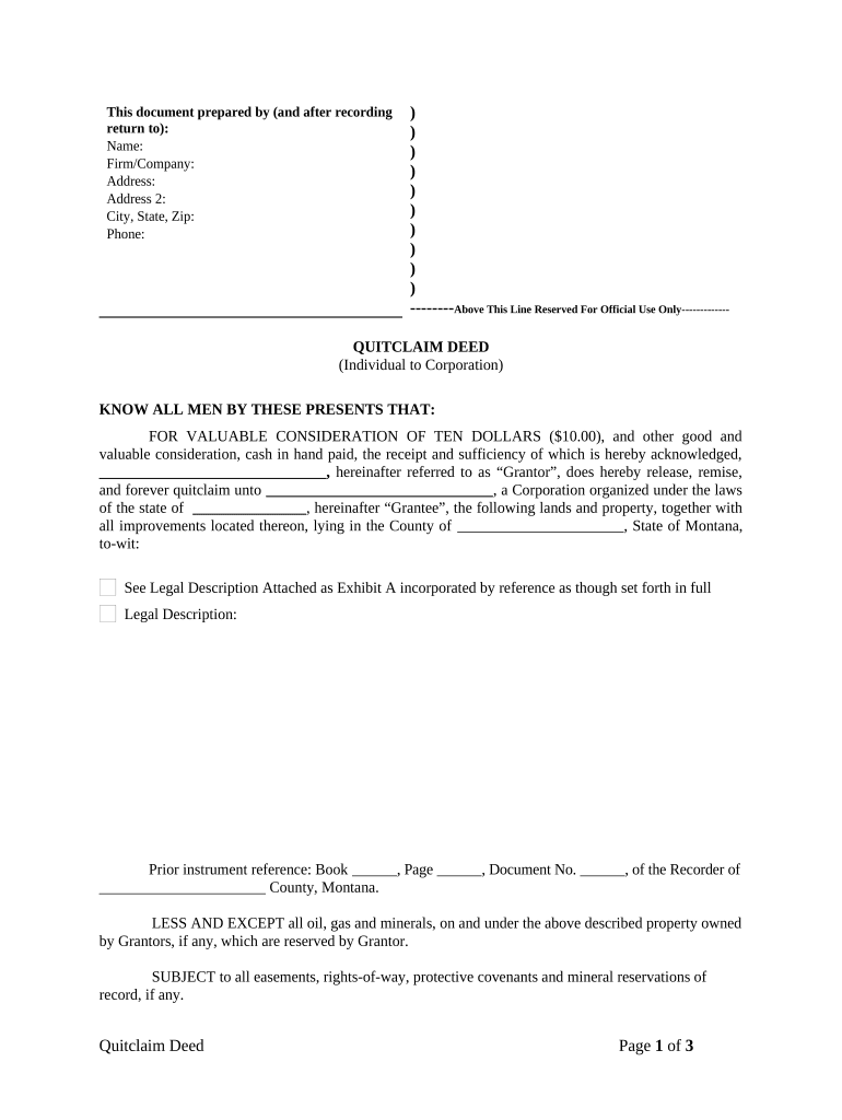 Quitclaim Deed from Individual to Corporation - Montana Preview on Page 1.