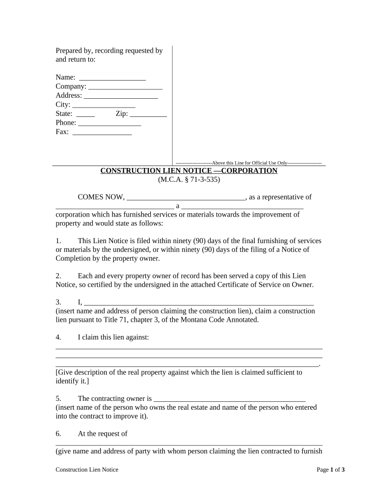 montana mechanics lien form Preview on Page 1