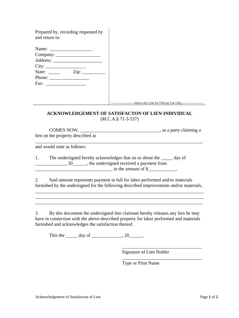satisfaction of lien document Preview on Page 1