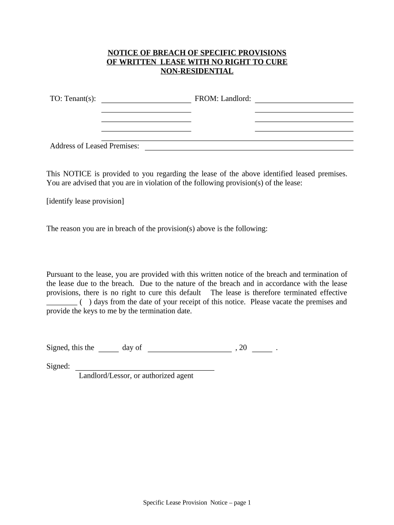 Notice of Breach of Written Lease for Violating Specific Provisions of Lease with No Right to Cure for Nonresidential Property from Landlord to Tenant - Montana Preview on Page 1