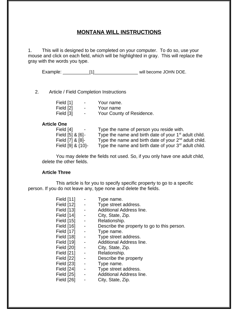 Mutual Wills Package of Last Wills and Testaments for Unmarried Persons living together with Adult Children - Montana Preview on Page 1