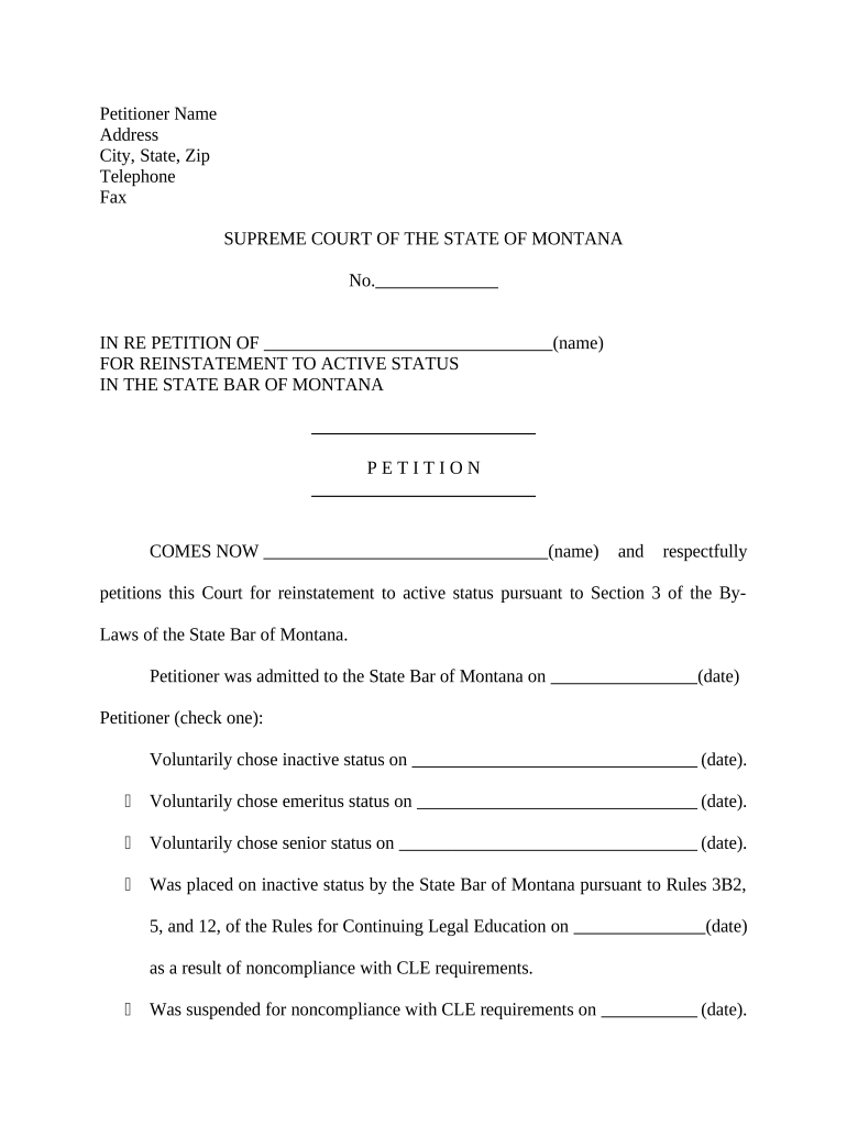 Petition for Reinstatement to Active Status - Montana Preview on Page 1