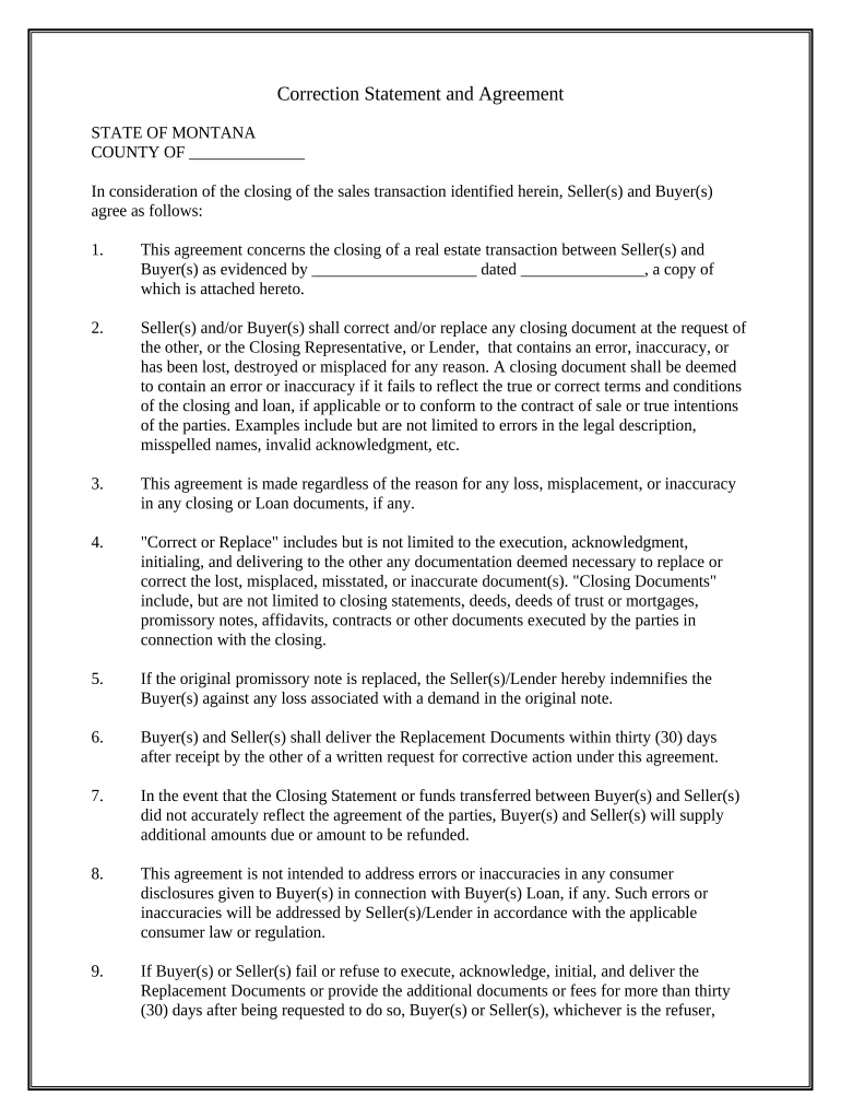 Correction Statement and Agreement - Montana Preview on Page 1